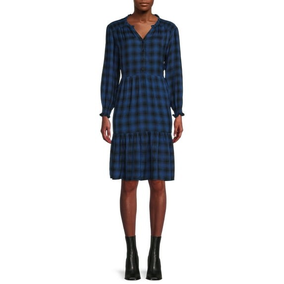 Blu White Blu Women's Smocked Shoulder Plaid Dress
