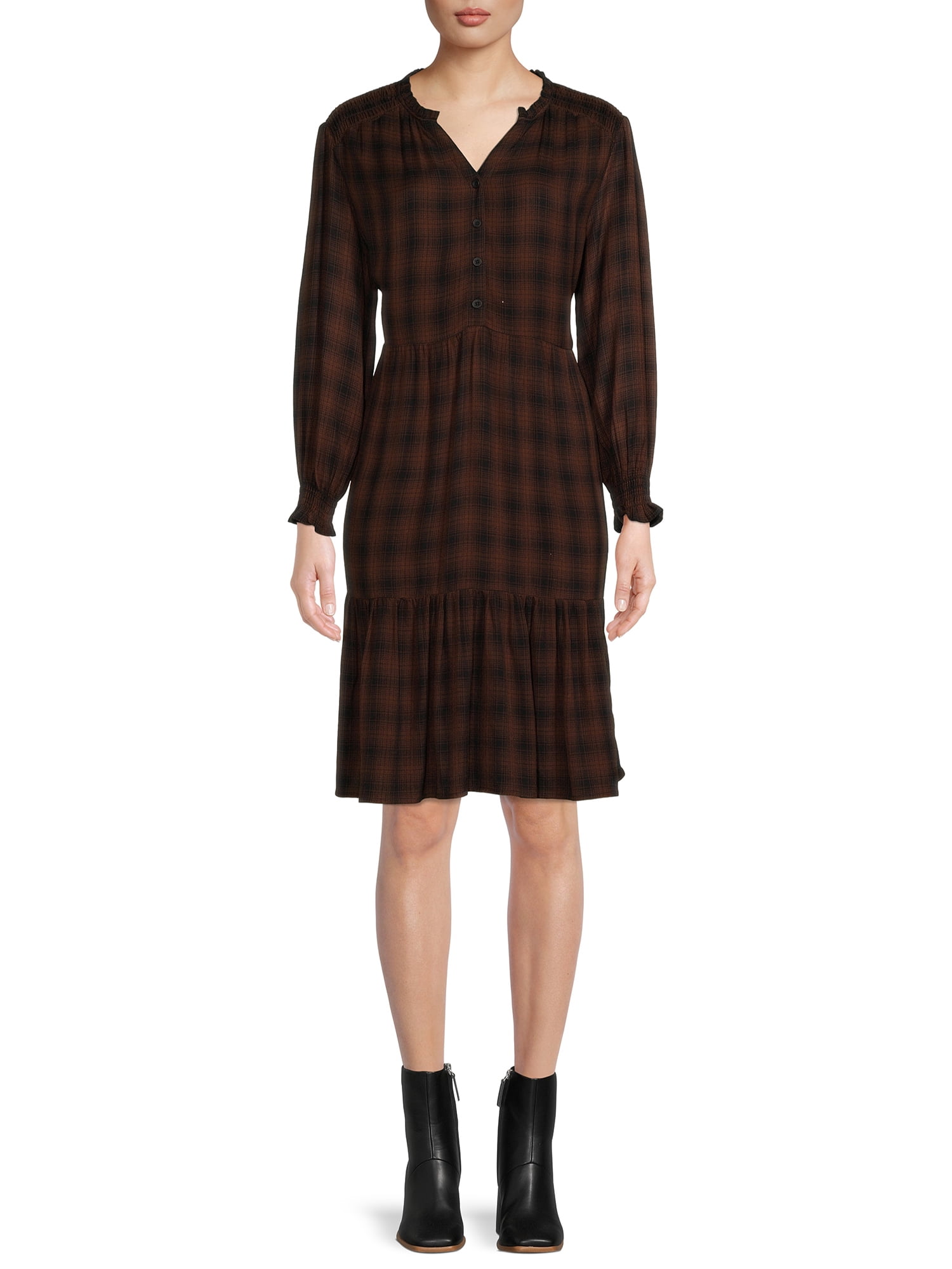 Blu White Blu Women's Smocked Shoulder Plaid Dress