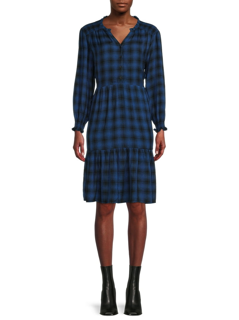 blue and white plaid dress women Crinkle Plaid Dress, Light Blue