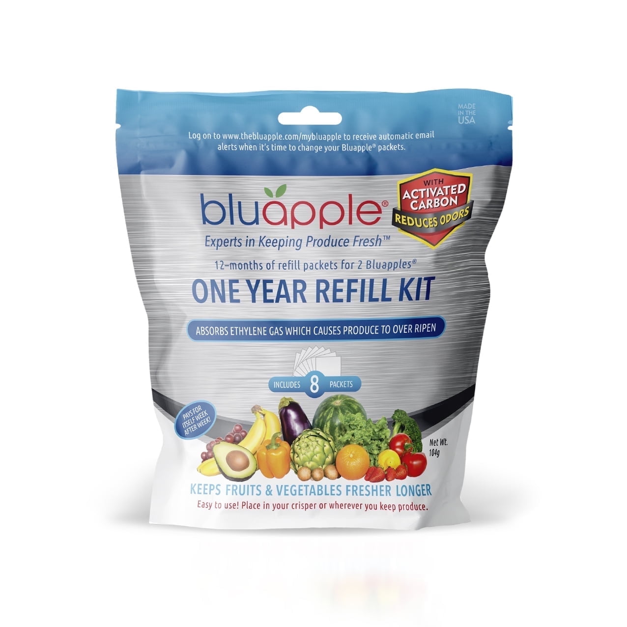 BluApple One Year Refill Kit Includes 8 Packets for 2 Bluapples with Carbon - for 1 Full Year to Keep Produce Fresh Longer and Help Absorb Unwanted Odors