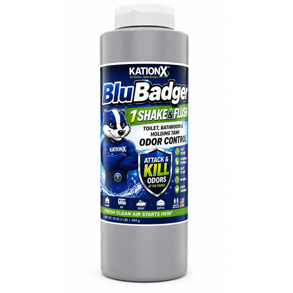BluBadger 1 Shake & Flush RV Holding Tank Deodorizer Powder - Black & Gray Water Tank Treatment - 16 oz