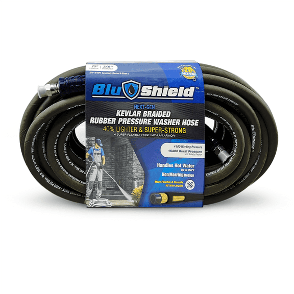 Blu Shield Aramid Braided 3/8" Rubber Pressure Washer Hose 4100PSI Heavy Duty Lightweight - 15 Feet