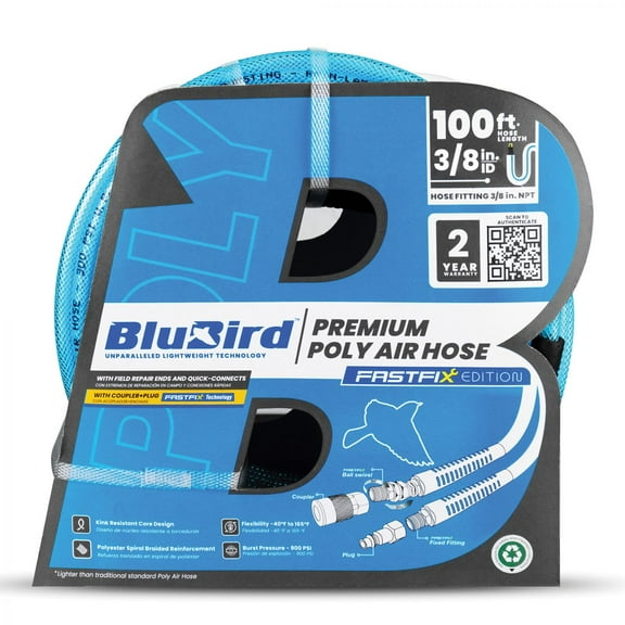 BluBird 3/8" x 100' Polyurethane Air Hose Lightweight, 300 PSI, Brass Fittings, Non-Marking, Flexible -40F to +165F, Kink & Abrasion Resistant, Ozone Resistant 2 Yr Warranty