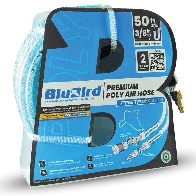 BluBird 3/8" x 50' Polyurethane Air Hose – Lightweight, 300 PSI, Brass Fittings, Non-Marking, Flexible -40°F to +165°F, Kink & Abrasion Resistant – 2 Yr Warrant