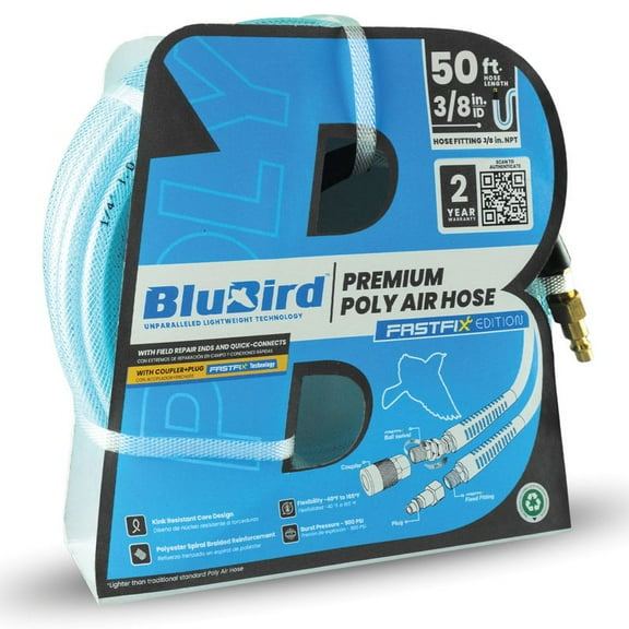 BluBird 3/8" x 50' Polyurethane Air Hose Lightweight, 300 PSI, Brass Fittings, Non-Marking, Flexible -40F to +165F, Kink & Abrasion Resistant 2 Yr Warrant