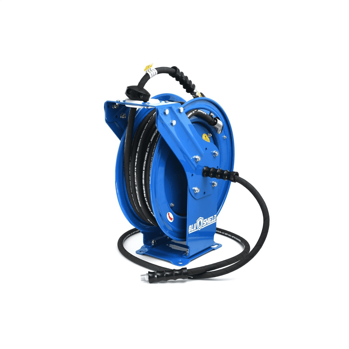Blu Shield 3/8" Pressure Washer Hose Reel with Aramid Braided Non Marking Hose, 6' Lead-in Hose, Dual Arm Heavy Duty - 50 Feet