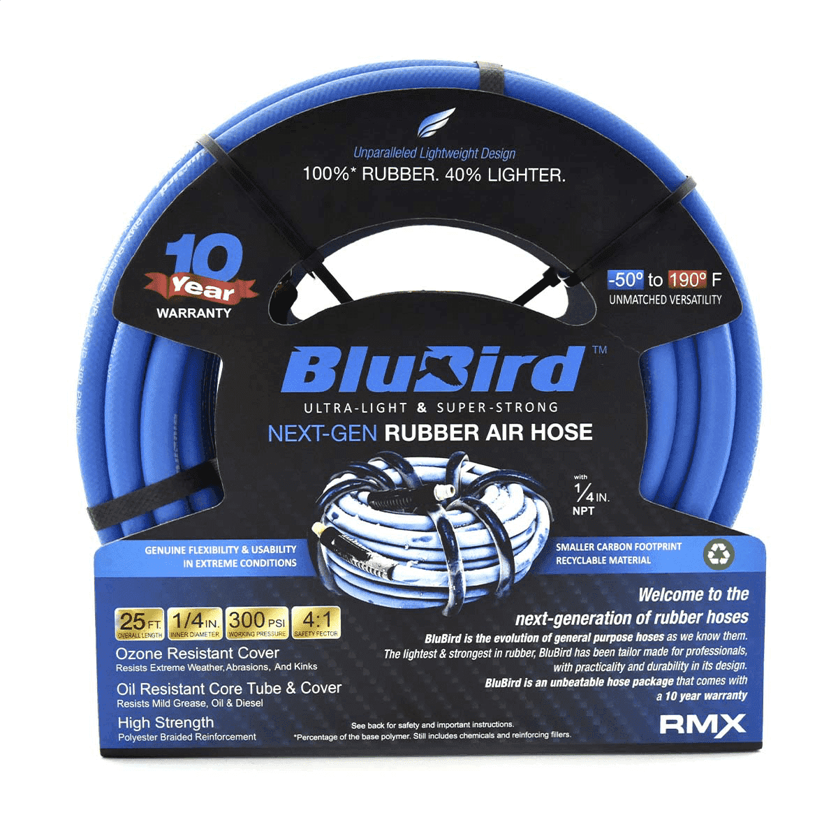 BluBird Rubber Air Hose 1/4" x 25 ft – Heavy Duty, 300 PSI, Flexible, Kink-Resistant, Brass Fittings, -50°F to 200°F, 10-Year Warranty