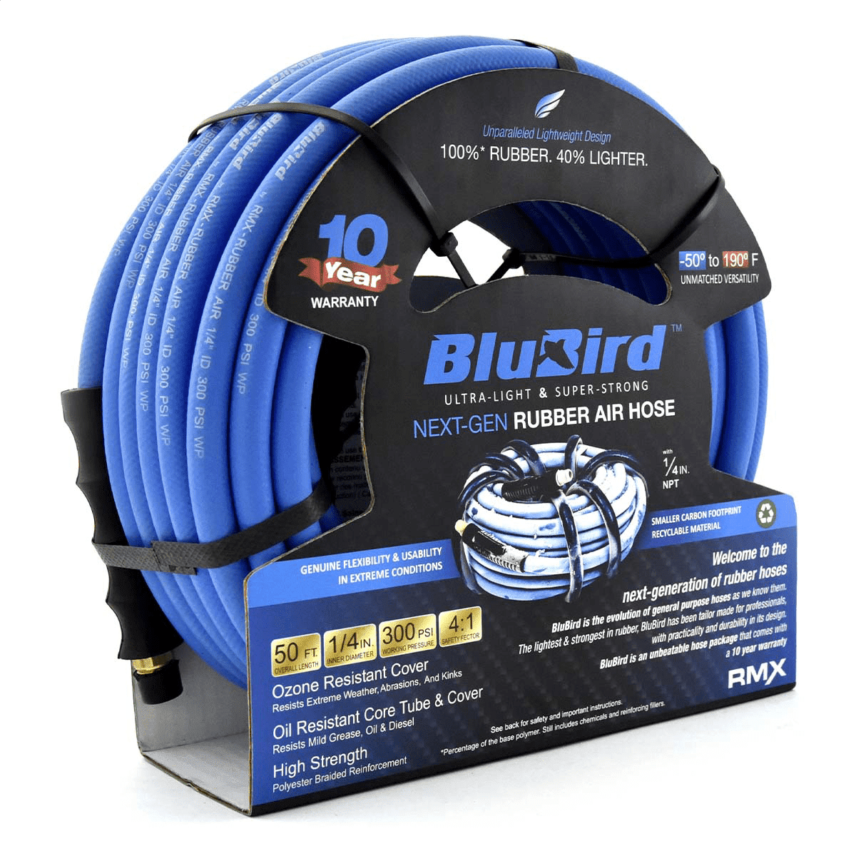 BluBird Heavy Duty Rubber Air Hose 1/4 in x 50 ft, 300 PSI, 1/4" MNPT, Oil & Ozone Resistant, Flexible All-Weather
