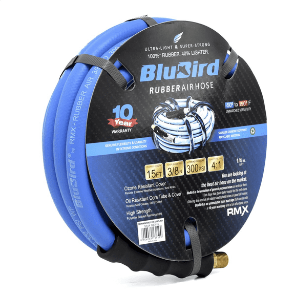 BLUBIRD BB3815 3/8" x 15' Rubber Air Hose, 100% Rubber, Lightest, Strongest, Most Flexible, 300 PSI, -50F to 190F Degrees, Ozone Resistant, High Strength Polyester Braided