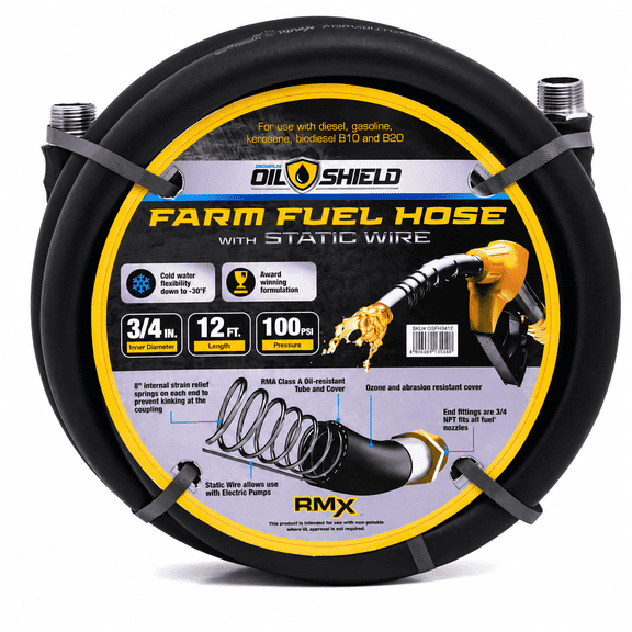 Oil Shield 3/4" x 12 ft Rubber Fuel Transfer Hose with Static Wire, Heavy Duty Farm Fuel Hose, 100 PSI, Nitrile Rubber– Black