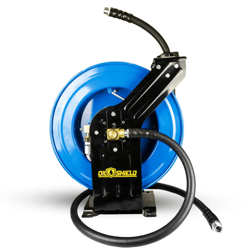 Oil Shield Farm Fuel Hose Reel 1" x 30 ft, Heavy Duty Steel Reel with Oil-Resistant Fuel Hose, 150 PSI, Kink Resistant, Static Wire, Wall or Vehicle Mount