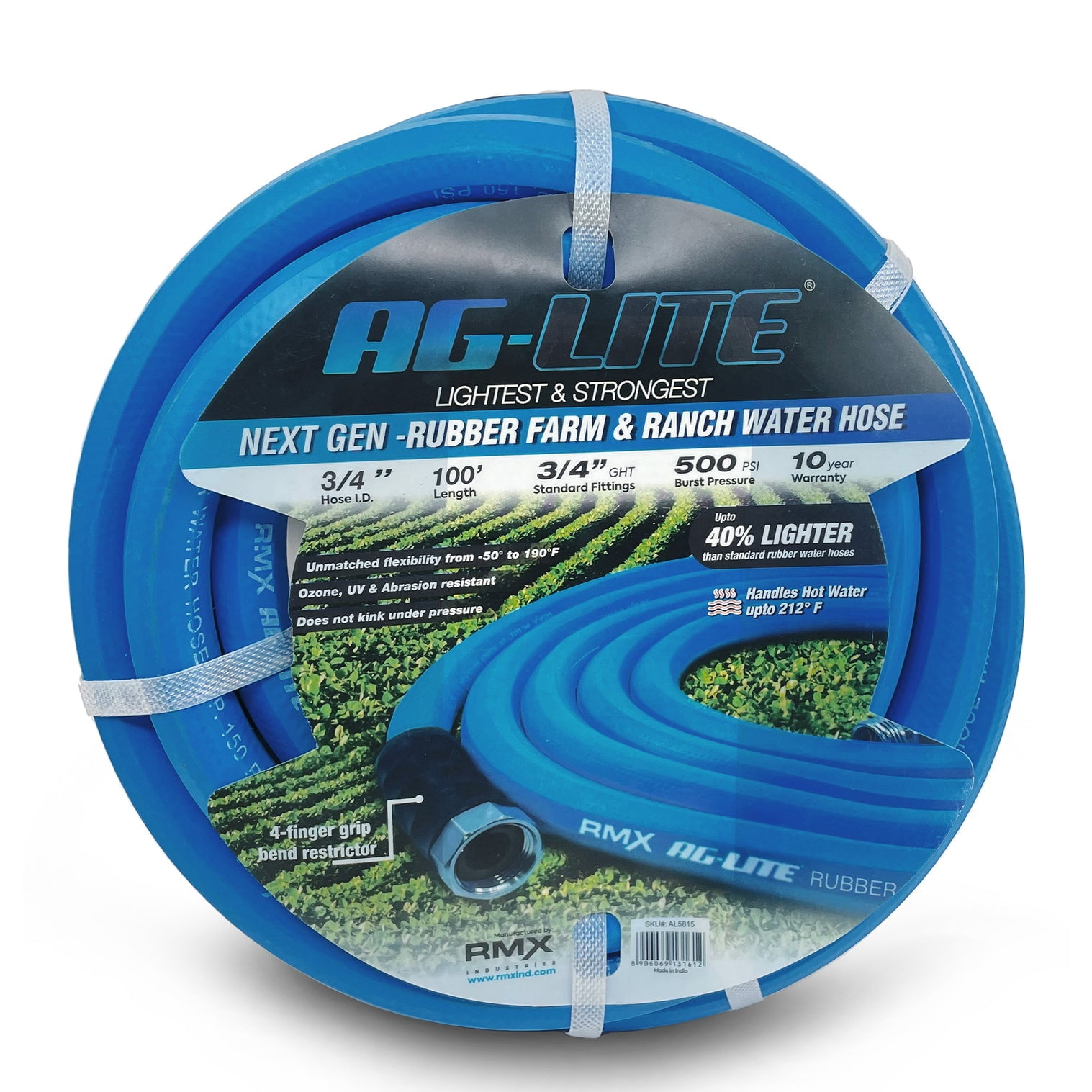 AG-Lite 3/4" x 100 ft Irrigation Hose, 100% Rubber, 500 PSI, Agriculture Grade, Lightweight & Flexible, 3/4" GHT Brass Fittings, Hot & Cold Water Use, Kink Resistant, 10-Year Warranty