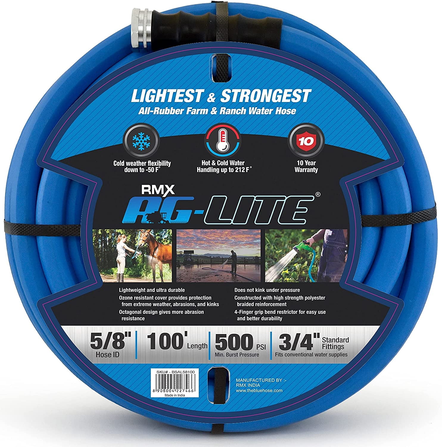 AG-Lite 5/8" x 100 ft Irrigation Hose, 100% Rubber, 500 PSI, Agriculture Grade, Lightweight & Flexible, 3/4" GHT Brass Fittings, Hot & Cold Water Use, Kink Resistant, 10-Year Warranty