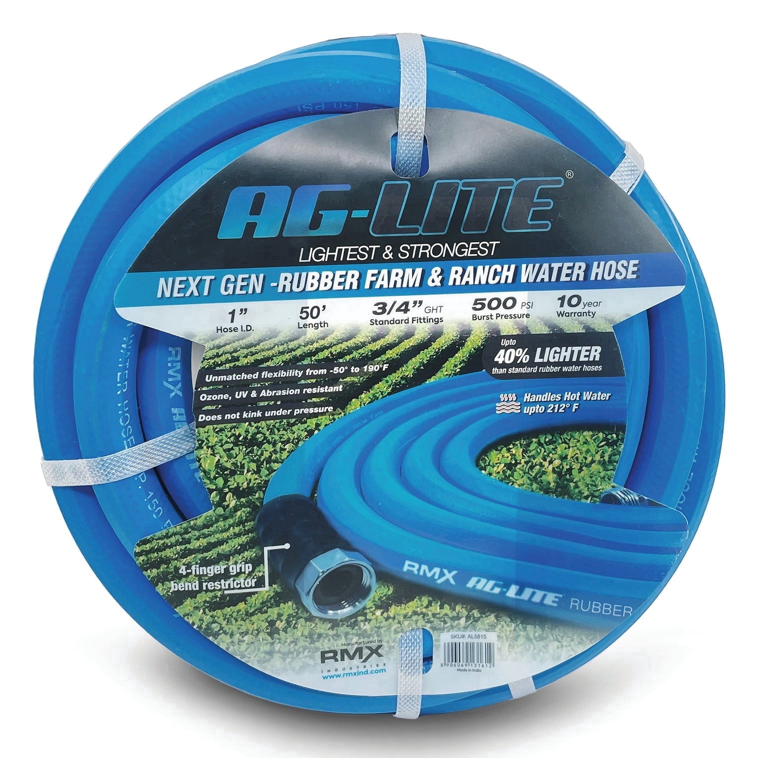 AG-Lite 1" x 50 ft Rubber Water Hose, 500 PSI Burst, Heavy-Duty, 100% Rubber, Brass GHT Fittings, Flexible, Kink Resistant, Hot & Cold Water Use, 10-Year Warranty