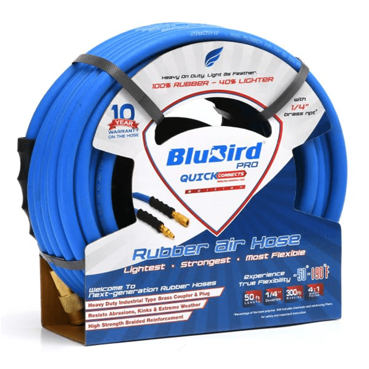BluBird BluBird Pro Rubber Air Hose with Universal Quick Connect Coupler, Brass MNPT Industrial Fitting - 1/4" x 100 Feet