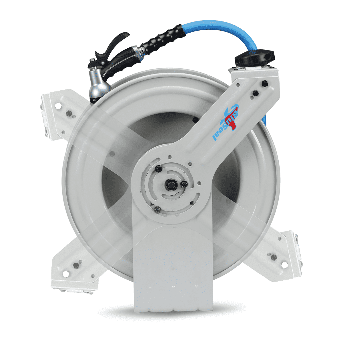 BluBird BluSeal All-in-One Rubber Air Hose Reel 5/8" X 50(Single Arm - Heavy Duty) with 6' Lead-in-Hose. Includes FreeStyle, Sshhh Tek, and Safety Rewind Features.