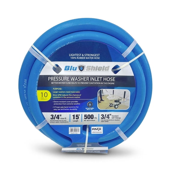 BluShield Pressure Washer Inlet Hose 3/4" x 15', 100% Rubber, High Flow Water Supply Hose, 500 PSI Burst, Heavy-Duty, Lightweight, 10-Year Warranty