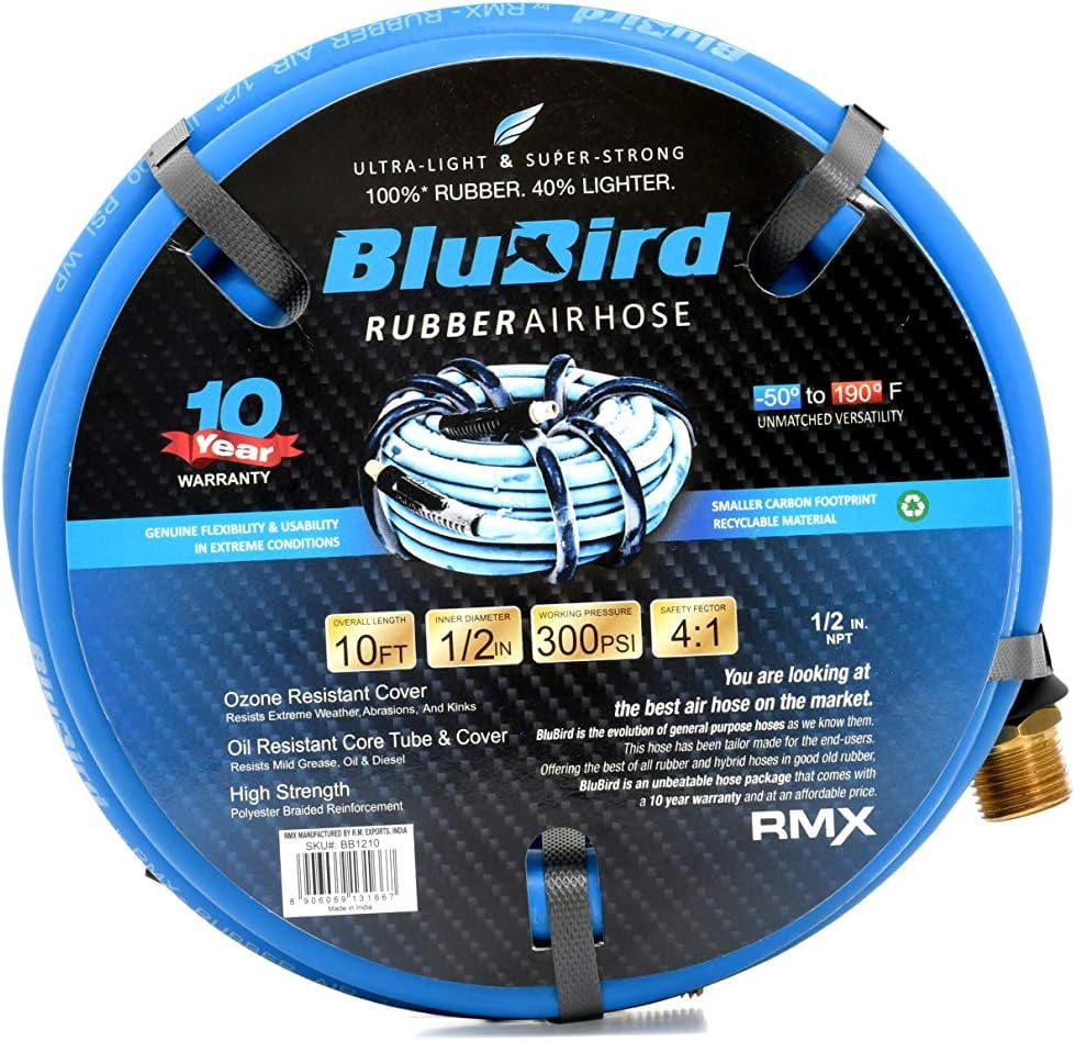 BluBird Lightest, Strongest, Most Flexible Rubber Air Hose (1/2" x 10') - BB1210