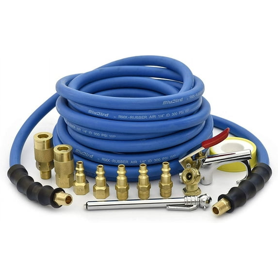 BluBird Lightest, Strongest, Most Flexible Rubber Air Hose 12 Pc Kit, Field Repairable Ends (FastFix) 1/4" x 100' (BB14100-FF-KIT2)