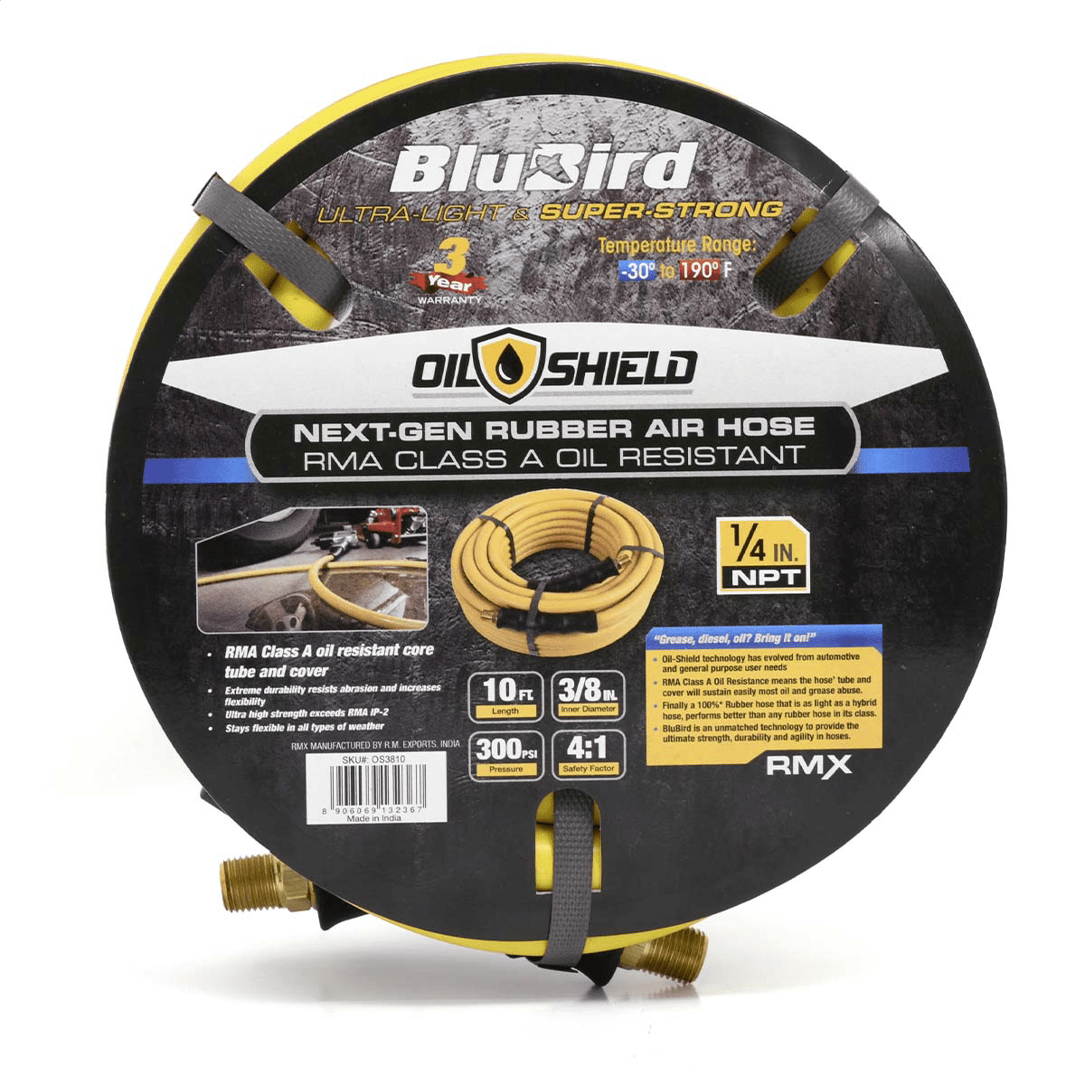 BluBird OS3810 Oil Shield Rubber Air Hose 3/8" x 10 ft