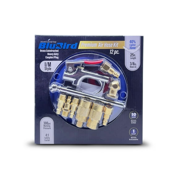 BluBird Rubber 3/8"x25' Air Hose Premium Kit - with 12 Pieces