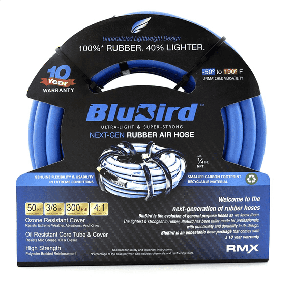 BluBird Heavy Duty Rubber Air Hose 3/8 in x 50 ft, 300 PSI, 1/4 in MNPT Fittings, Flexible, Oil & UV Resistant
