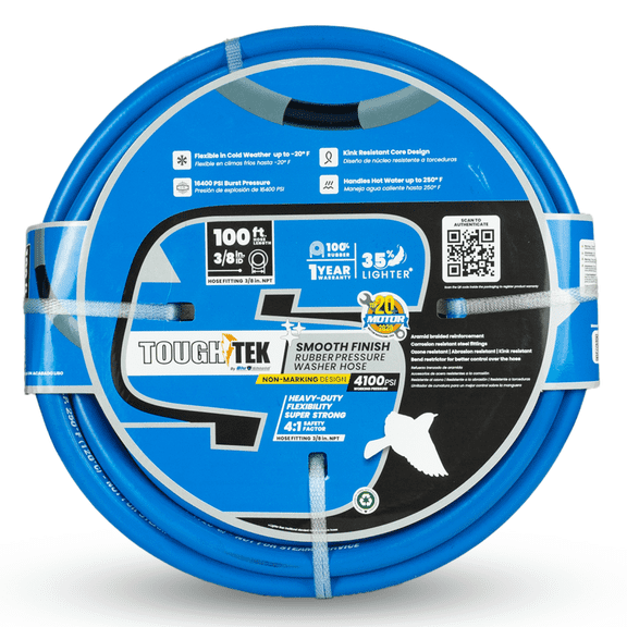 Blu Shield ToughTek Aramid Braided 3/8" x 100' Pressure Washer Hose - 4100 PSI Heavy-Duty Rubber Hose with MNPT Fixed + Swivel, Hot/Cold Water Ready, Non-Marking & Weather-Flexible
