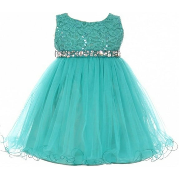 BluNight Collection Lace Decorated Sequins Rhinestone Belt Baby Little Flower Girls Dresses Jade M
