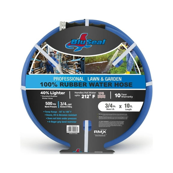 BluBird BluSeal 3/4" Lawn Garden Water Hose Hot/ Cold Lightweight Professional Grade 100% Rubber Hose - 10 Feet