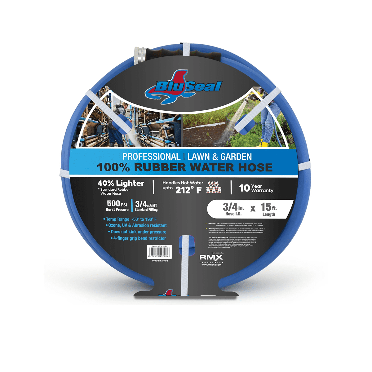 BluBird BluSeal 3/4" Lawn Garden Water Hose Hot/ Cold Lightweight Professional Grade 100% Rubber Hose - 15 Feet