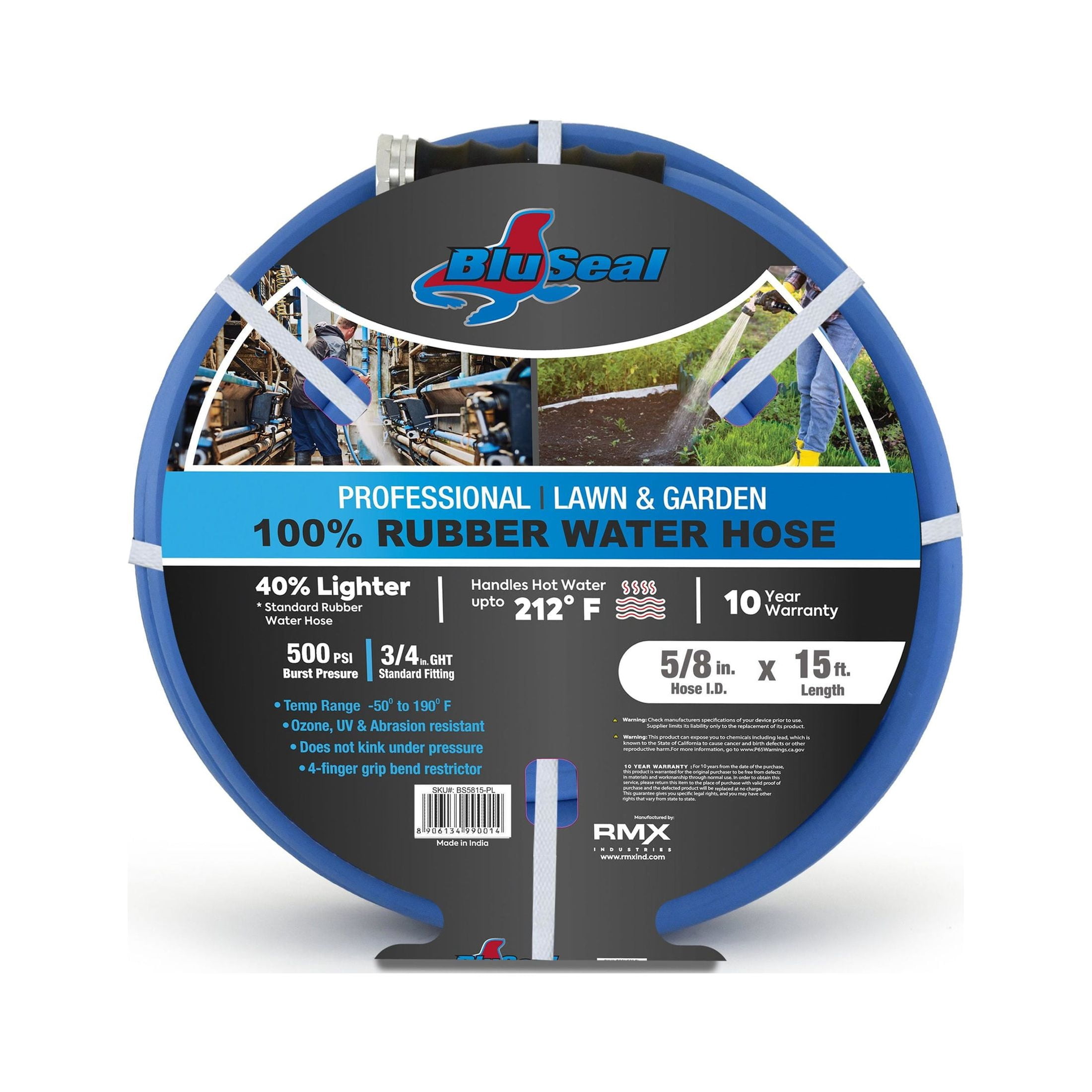 BluSeal Hot/Cold Water Rubber Garden Hose, 100% Rubber, Ultra-Light, Super Strong, 500 PSI, -50F to 190F Degrees, High Strength Polyester Braided (5/8" x 15')