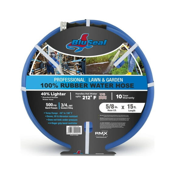 BluSeal Hot/Cold Water Rubber Garden Hose, 100% Rubber, Ultra-Light, Super Strong, 500 PSI, -50F to 190F Degrees, High Strength Polyester Braided (5/8" x 15')