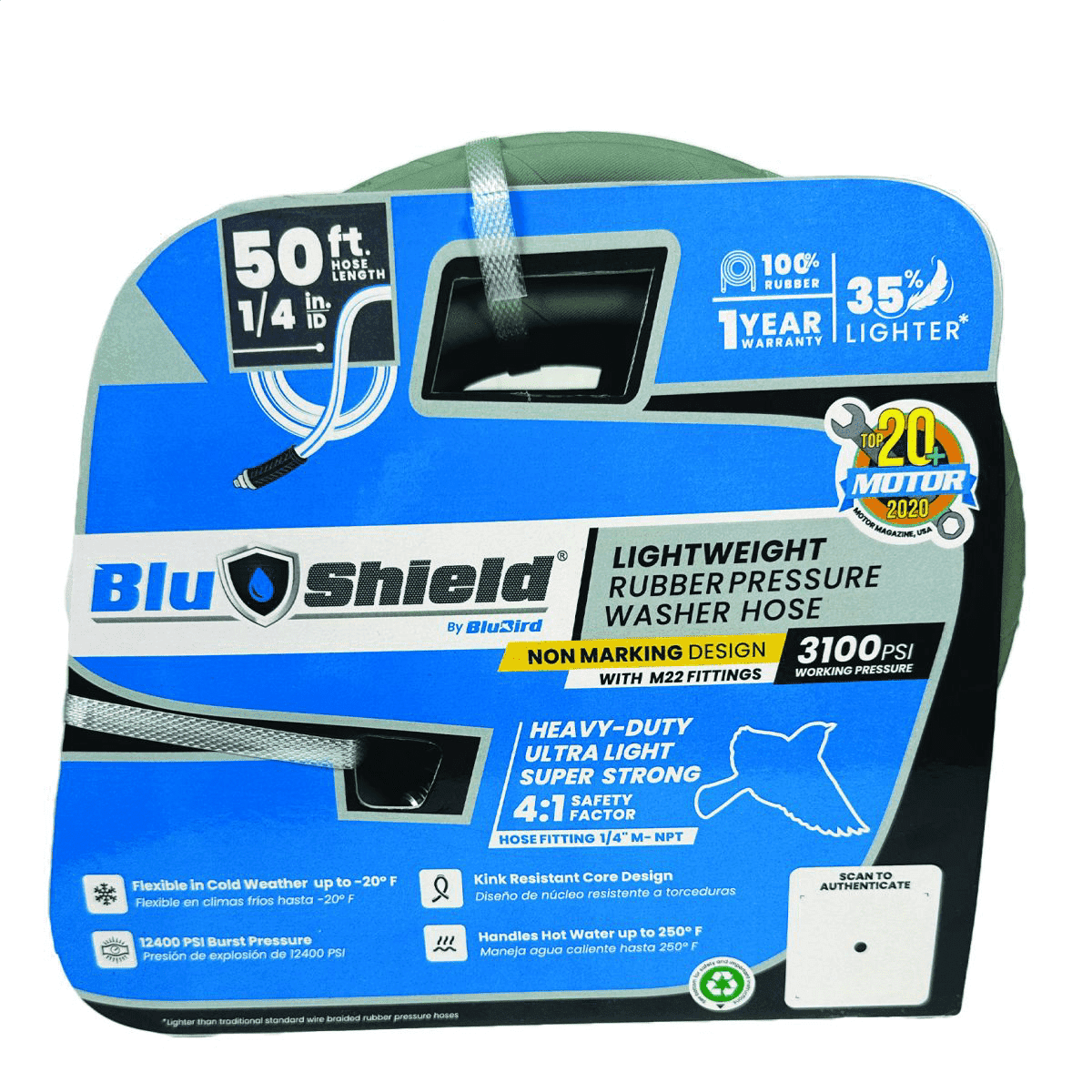 BluShield 1/4" x 50' Polyester Braided Rubber Pressure Washer Hose, 3100 Psi, Handle 250°F Hot Water, Heavy Duty, 35% Lighter, Flexible (1/4" x 50' M22 Non Marking)