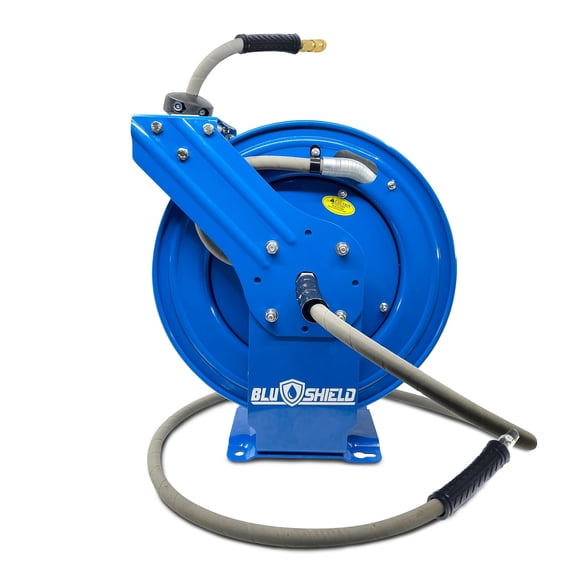 BluShield 1/4" Pressure Washer Dual Arm Hose Reel with 35% Lighter Polyester Braided Hose - Hot and Cold Water, 1 Year Warranty, 3100 PSI, M22 (1/4" x 100' Non Marking)