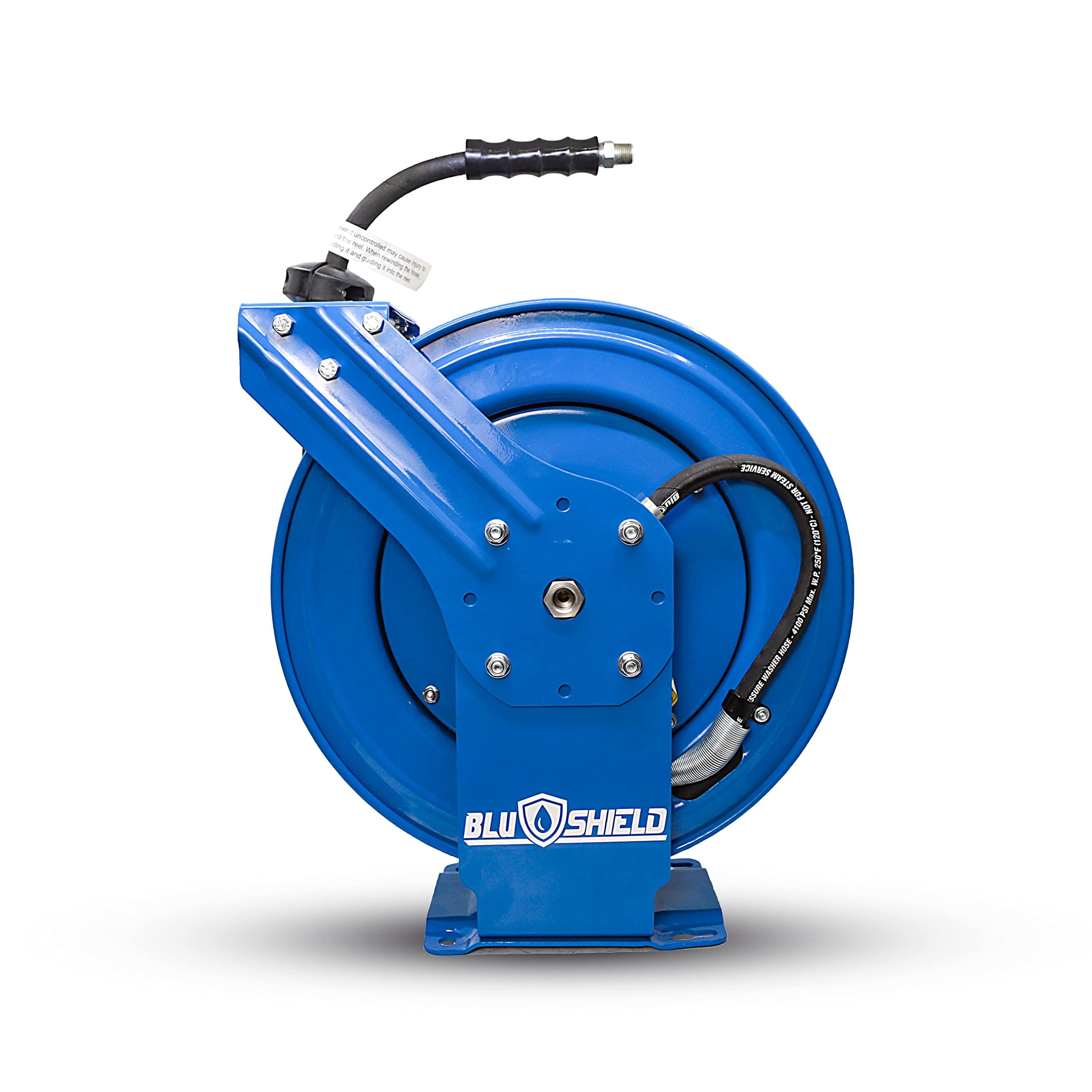 BluShield 1/4" Pressure Washer Dual Arm Hose Reel with 35% Lighter Polyester Braided Hose - Hot and Cold Water, 1 Year Warranty, 3100 PSI, M22 (1/4" x 100')