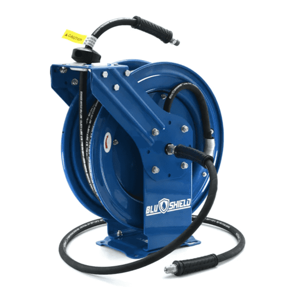 BluShield Pressure Washer Hose Reel with Aramid Braided Hose, 4100 PSi 6' Lead-in Hose, NPT, Lighter, Stronger, Flexible, 1-Year Warranty (3/8" x 50' w/Coupler Plug)
