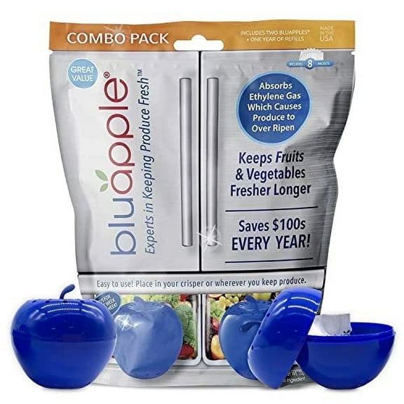 Bluapple Ethylene Gas Absorber Produce Saver Combo Pack Keeps Fruits & Veggies Fresh, 8 Packets and 2 Bluapples