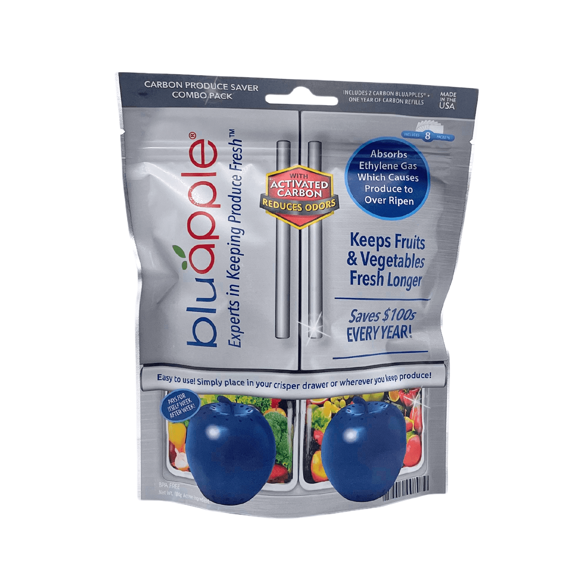 Bluapple Produce Saver Ethylene Gas Absorber One-Year Combo Pack w/Activated Carbon, Vegetable & Fresh Fruit, Food Freshness Extender, Fresh Fruit Preserver, Vegetable Saver, USA-Made, BPA-Free