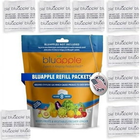 Bluapple Produce Saver Refill Kit - Keep Fruits and Vegetables Fresh Longer, 8 Veggie and Fruit Saver Packets, Each Packet Lasts up to 3 Months, Ethylene Gas Absorber, Made in USA