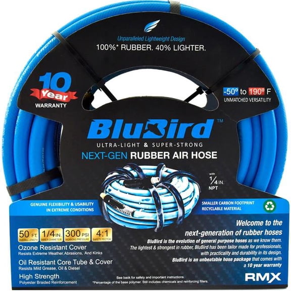 Blubird Industries B3178860 Rubber Air Hose Assembly - 0.25 in. x 50 ft. - Blue