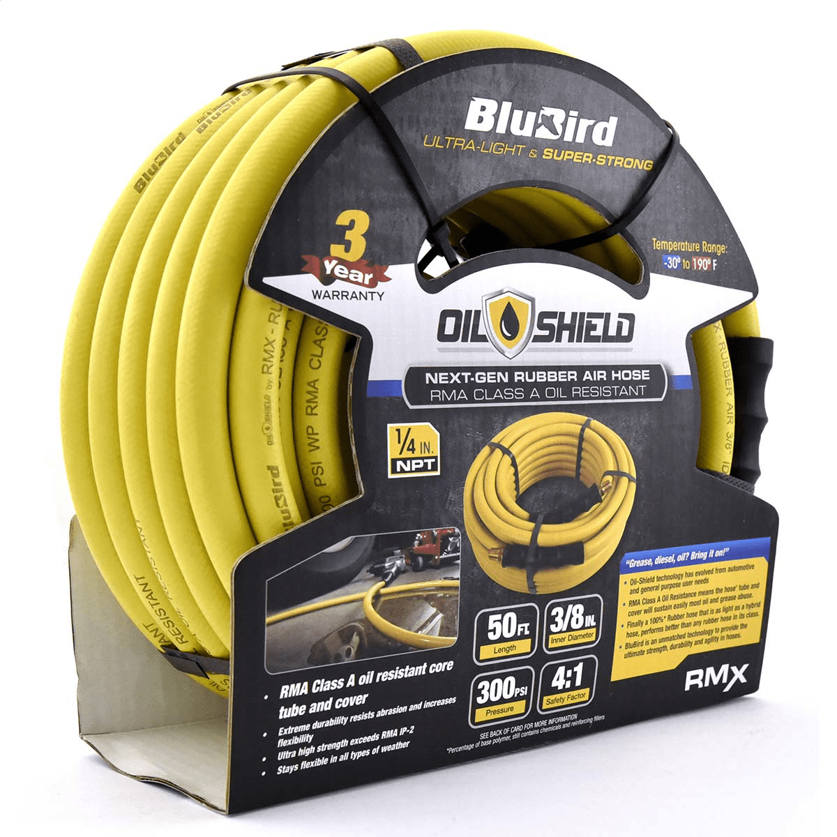 OIL SHIELD OS3850 3/8" x 50' Class A Rubber Air Hose, -50F to 200F, 1200PSI Burst Pressure, Grease and Oil Resistant, Retards Fire-sparks, Brass Fittings, 4 Finger-grip Bend Restrictor
