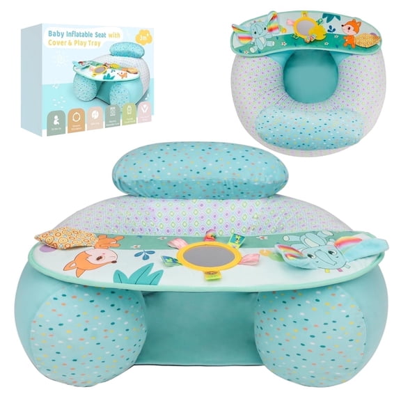 Blublu Park Portable Sit Me Up Baby Inflatable Seat with Cover, Detachable Activity Sensory Tray, Elephant
