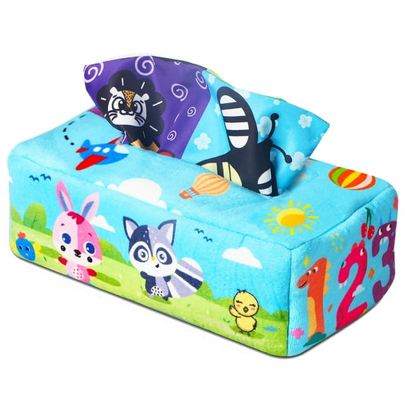 Blublu Park Baby Tissue Box Toys, Soft Stuffed High Contrast Crinkle Montessori Square Sensory Toys for Toddler Infants,Fox