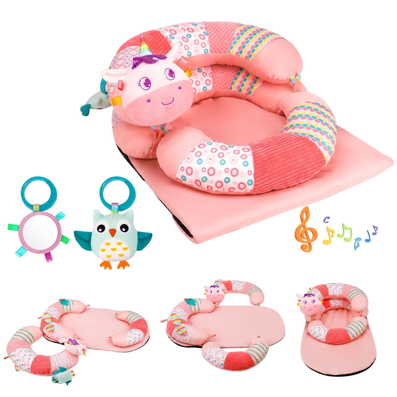 Blublu Park 3-in-1 Baby Sit Me Up Floor Seat, Detachable Pillow Tummy Time Mat Anti-Reflux Lounger, Pink