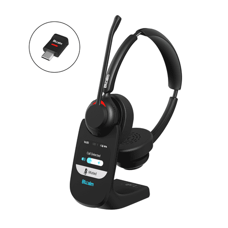 Blucalm Wireless Headset with Mic for Work - V5.4 Headset with Noise Canceling, PC Headphones with Mic Mute & USB Dongle, Smart Dock with Touch Screen for Work from Home, Teams, Zoom