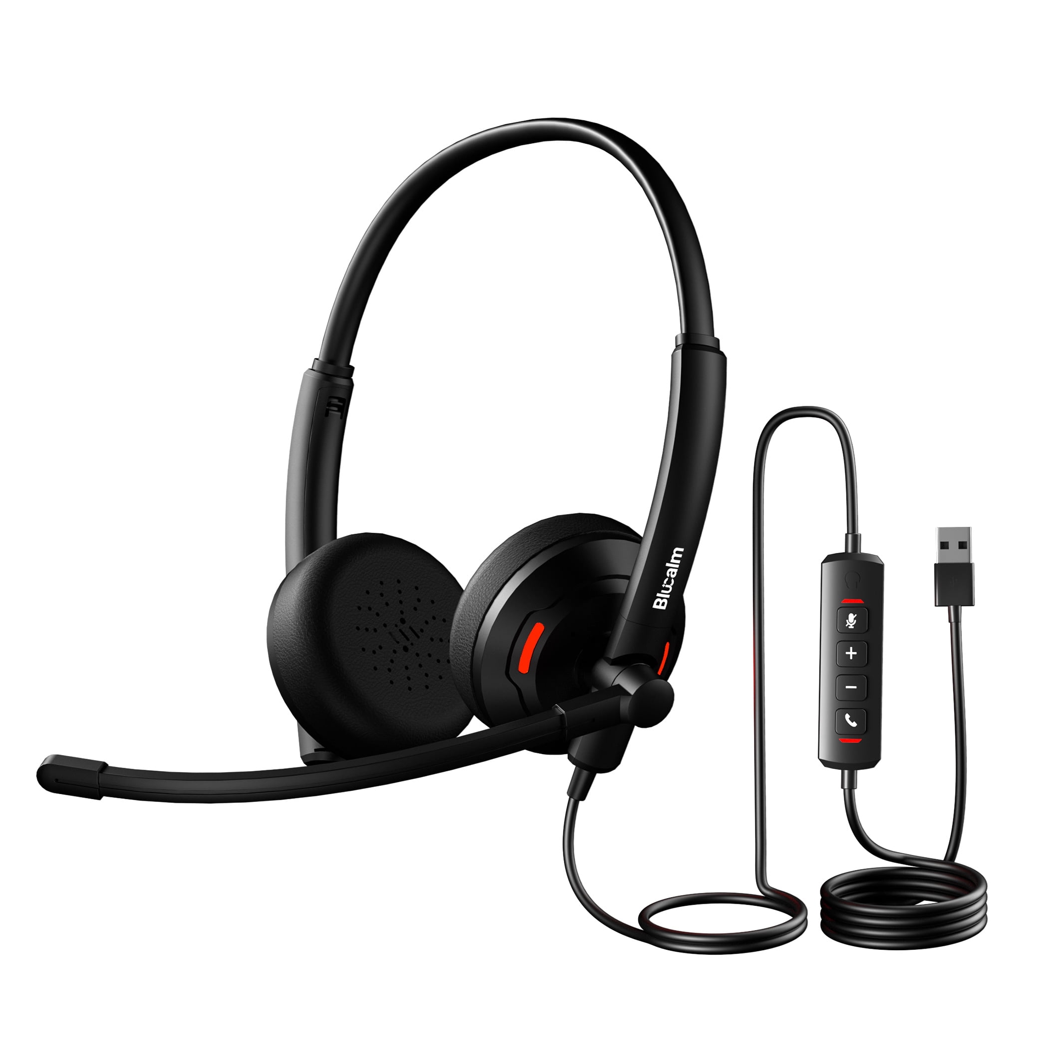 Blucalm USB Wired Headset with AI Noise Cancelling Microphone, On-Ear Computer Headset with In-Line Control for PC, Laptop, Home, Office, Call Center, Zoom, Teams, Skype, Black