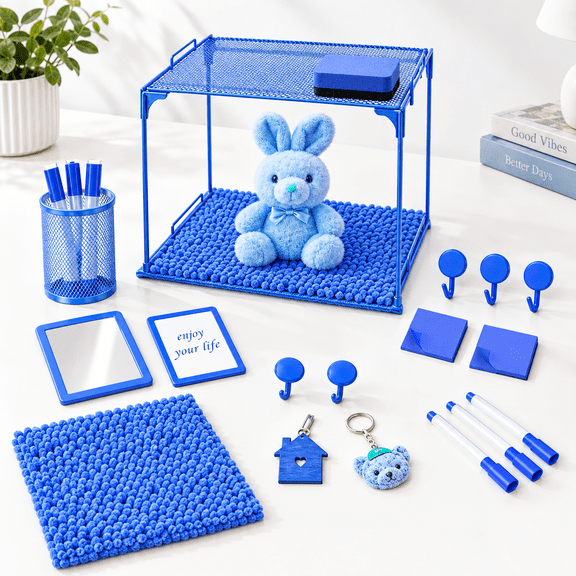 Blue-1 Metal Locker Organizer Kit with Shelf, Mirror, and School Office Supplies