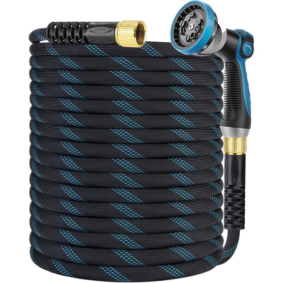 Blue 100 ft Kink-Free Flexible Garden Hose with 10-Pattern Spray Nozzle, 3/4" Swivel Connectors, and Portable Storage Strap