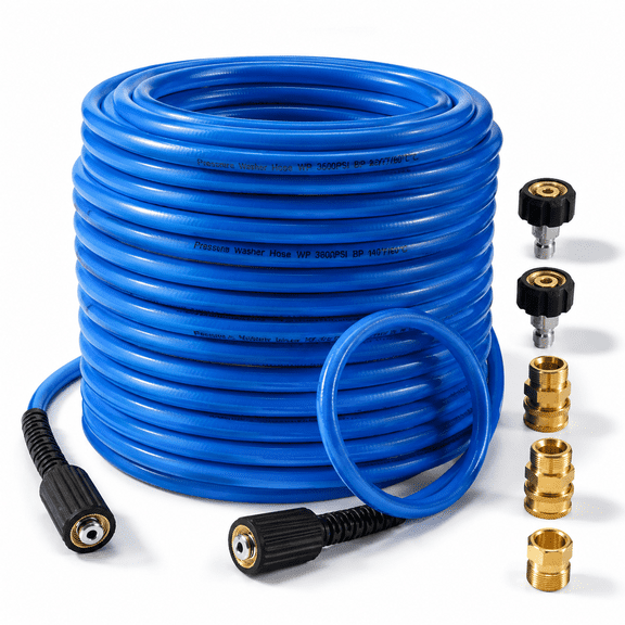Blue 100FT Flexible Kink Resistant Power Washer Hose with Quick Connect Adapters