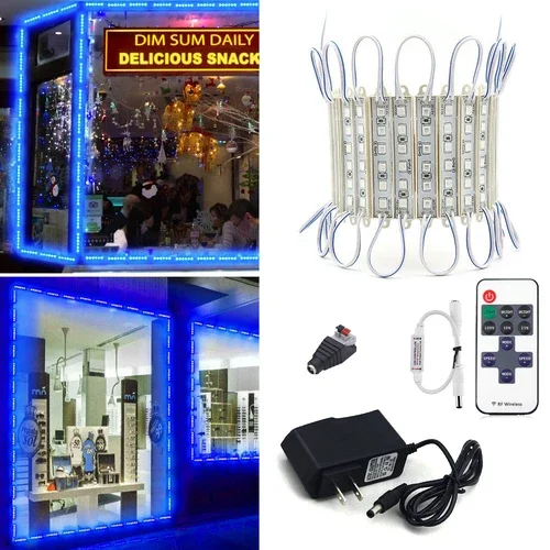 Blue 10Ft 5054 Smd Led Module Light Store Front Window Sign Lamp+Remote+Power Us